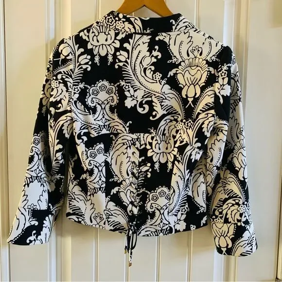 Marciano Black & White Paisley Corset Tie Back Cropped Silk Blazer | Size 4 - Picture 5 of 12